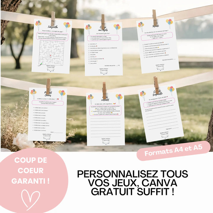 Jeux de baptême personnalisables au format A4 ou A5 suspendus en extérieur, à modifier facilement avec Canva gratuit.
