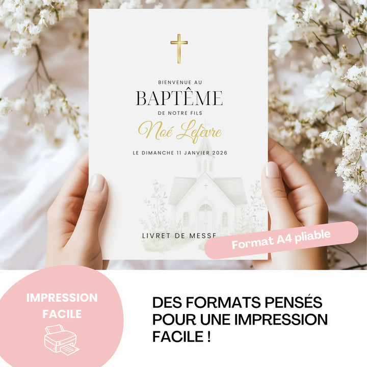 Livret de messe baptême personnalisable au format A4 pliable, prêt à imprimer facilement à la maison.