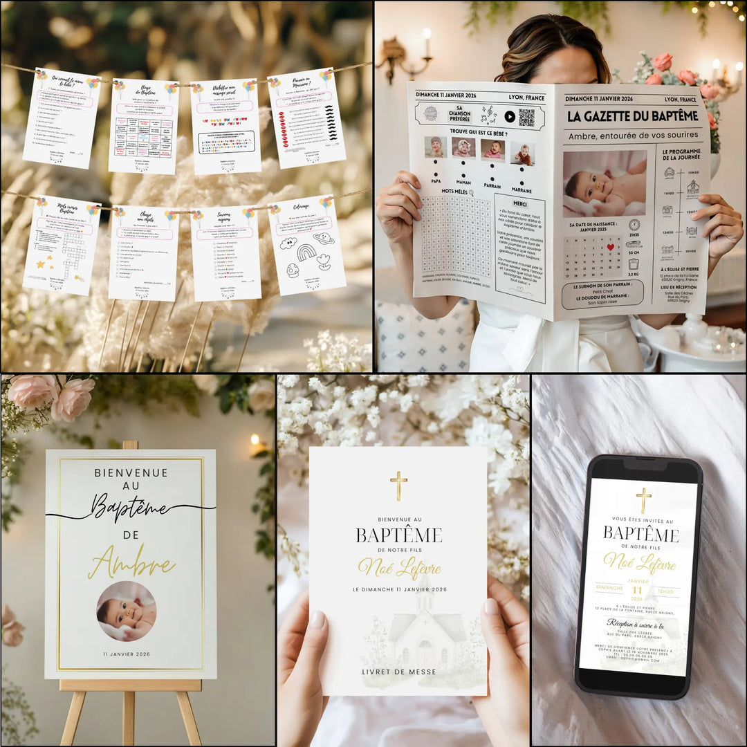 Pack baptême personnalisable avec gazette, jeux, panneau de bienvenue, livret de messe et invitation digitale à modifier sur Canva.