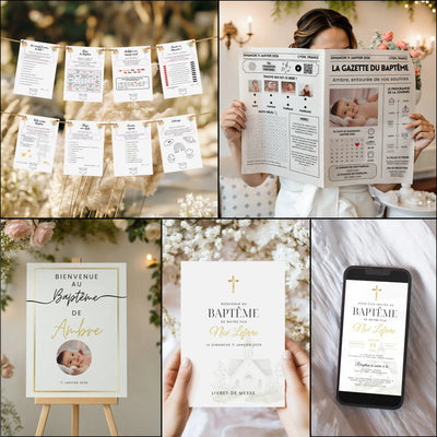 Pack baptême personnalisable avec gazette, jeux, panneau de bienvenue, livret de messe et invitation digitale à modifier sur Canva.