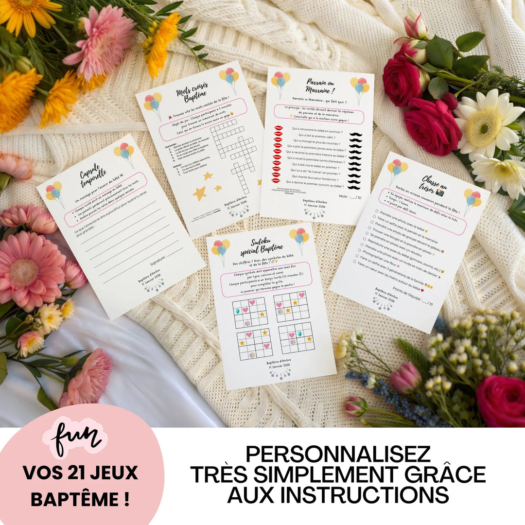 Photo de jeux baptême personnalisés A5 avec mots croisés, parrain ou marraine, chasse au trésor, capsule temporelle, sudoku. Modèles Canva.