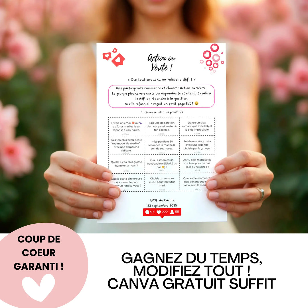 Jeu EVJF Action ou Vérité à personnaliser sur Canva, tenu par une invitée en extérieur, coup de cœur garanti.