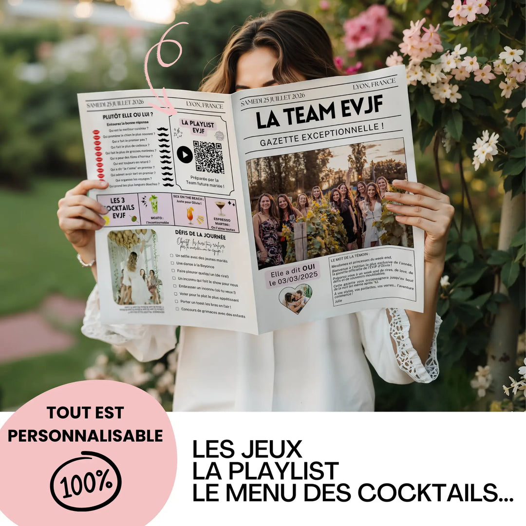 Gazette EVJF personnalisable avec jeux, playlist, cocktails et message de la témoin, tenue par une invitée en extérieur.