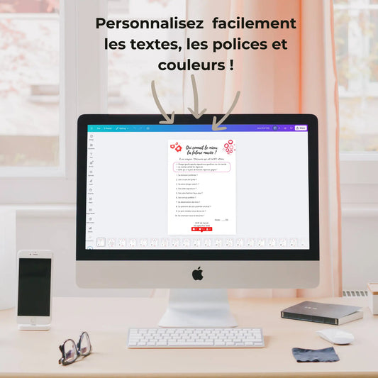 Interface Canva affichant un quiz EVJF du pack personnalisable avec options de modification des textes, polices et couleurs.