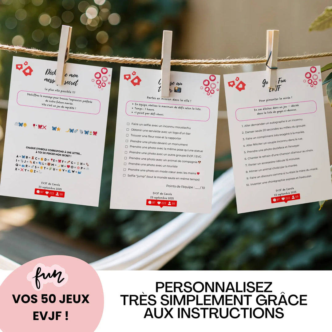 Exemples de jeux EVJF personnalisables suspendus sur une corde : déchiffrage, chasse au trésor et gages fun, à éditer sur Canva.
