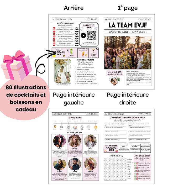 Aperçu des 4 pages de la gazette EVJF personnalisable avec jeux, portraits, programme et 80 illustrations de cocktails offertes.