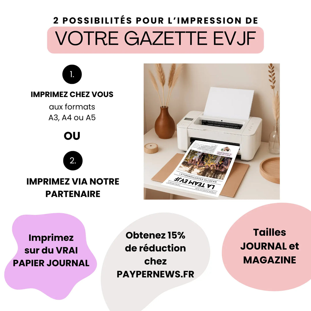 Options d’impression pour la gazette EVJF personnalisable : formats maison A3 à A5 ou impression pro sur papier journal avec réduction.