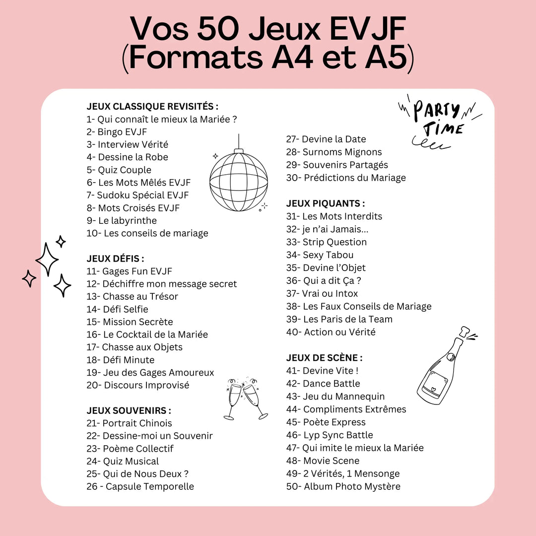 Liste complète des 50 jeux EVJF personnalisables au format A4 ou A5, répartis en catégories fun, défis, souvenirs et scènes.