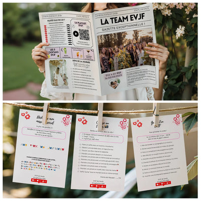 Photo du pack EVJF personnalisable de Template Boutique Cie avec une gazette EVJF et des jeux EVJF personnalisables