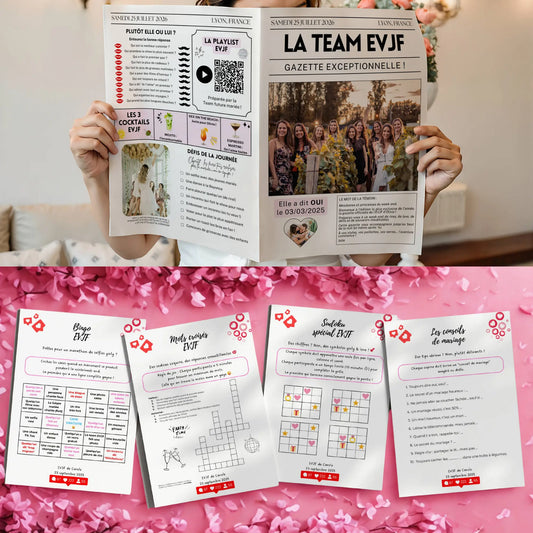 Pack EVJF personnalisable avec gazette, jeux imprimables et activités ludiques à personnaliser pour un enterrement de vie de jeune fille.