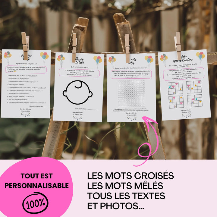 Fiches d'activités baptême suspendues sur corde, quiz bébé et jeux thématiques dans présentation rustique extérieure