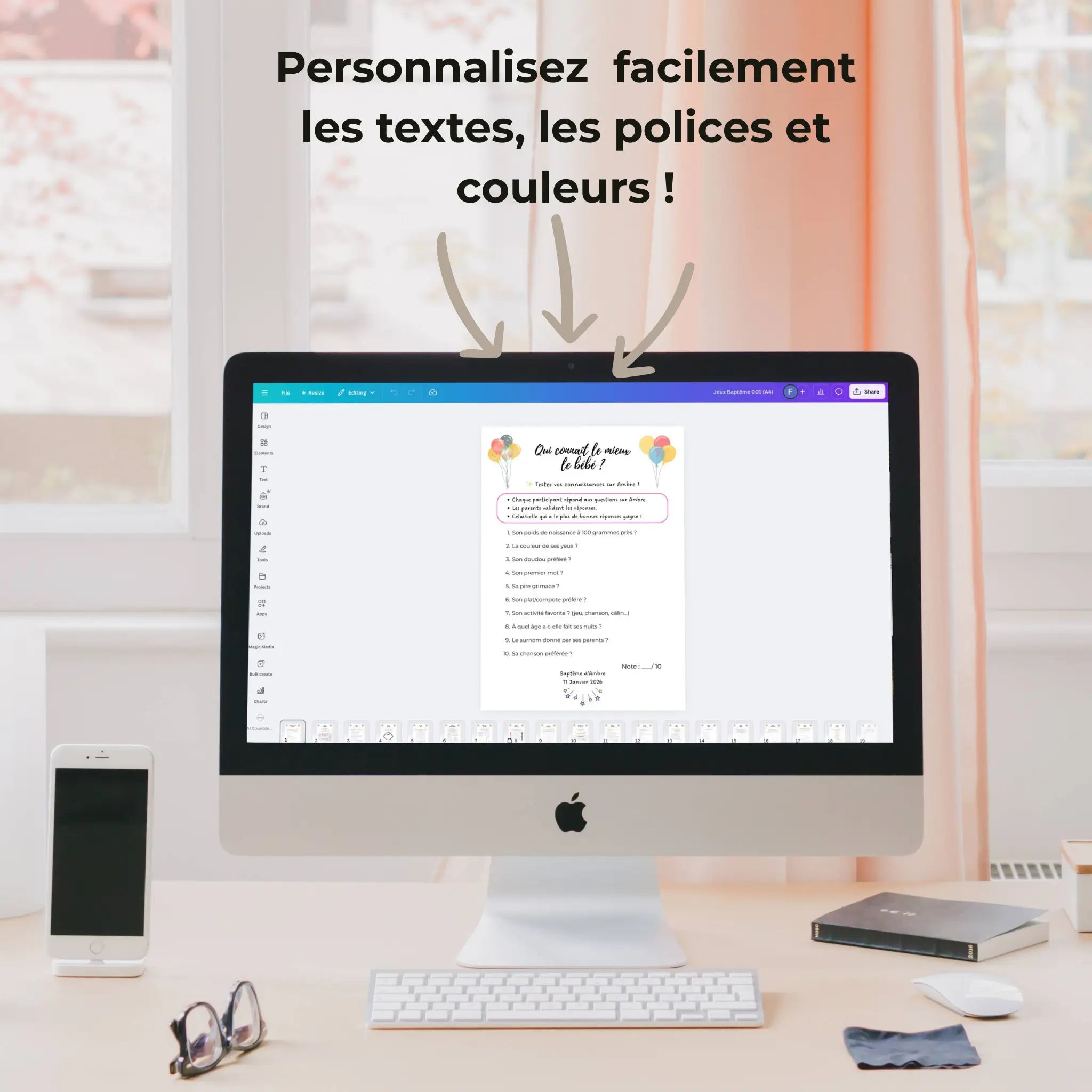 Pack de jeux de baptême personnalisables sur Canva – aperçu sur ordinateur iMac, fiche quiz 'Qui connaît le mieux le bébé ?' avec textes et couleurs modifiables