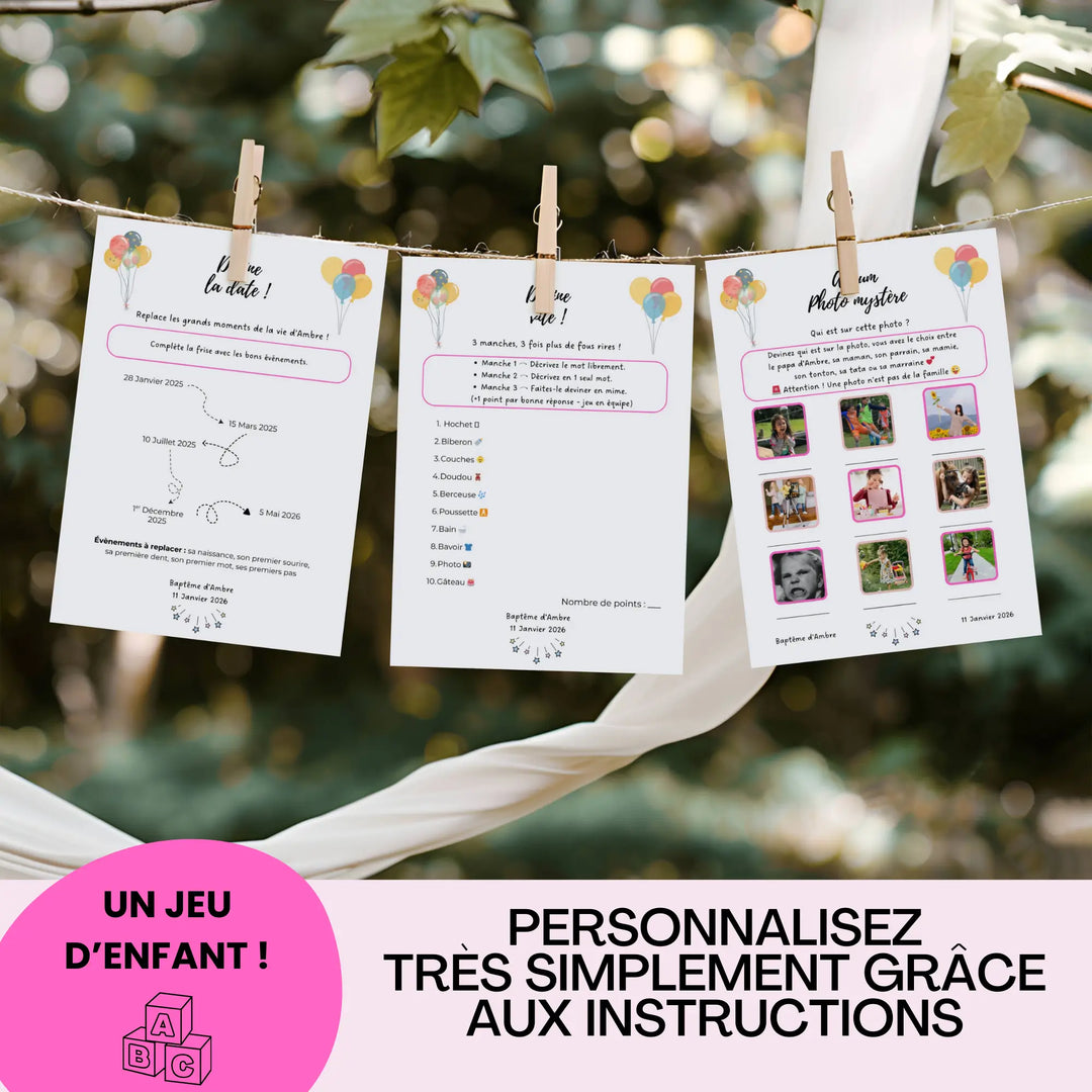 Fiches de jeux de baptême à personnaliser avec devine la date, quiz et album photo mystère