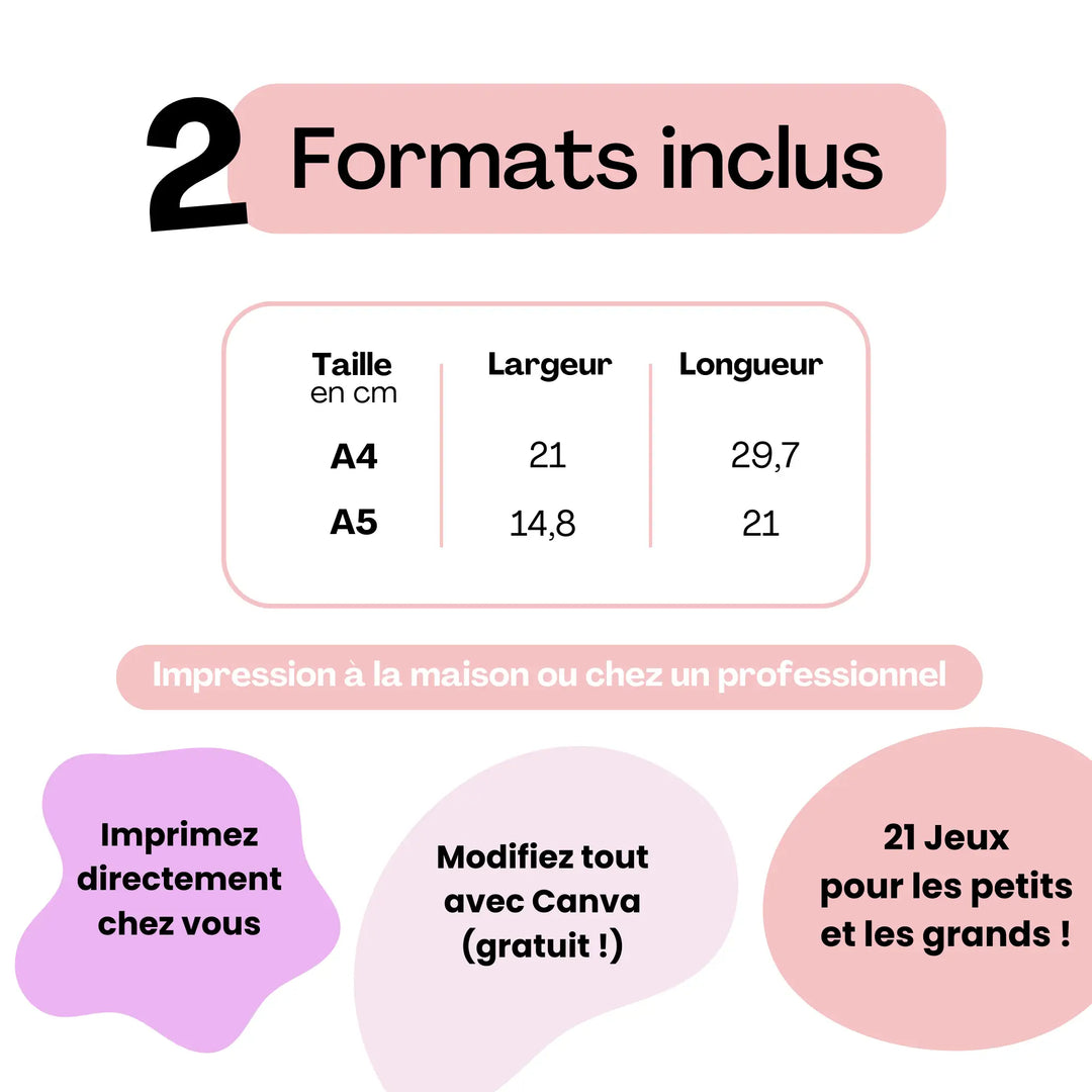 Tableau des dimensions papier A4 et A5 avec options d'édition Canva pour pour pack jeux bapteme