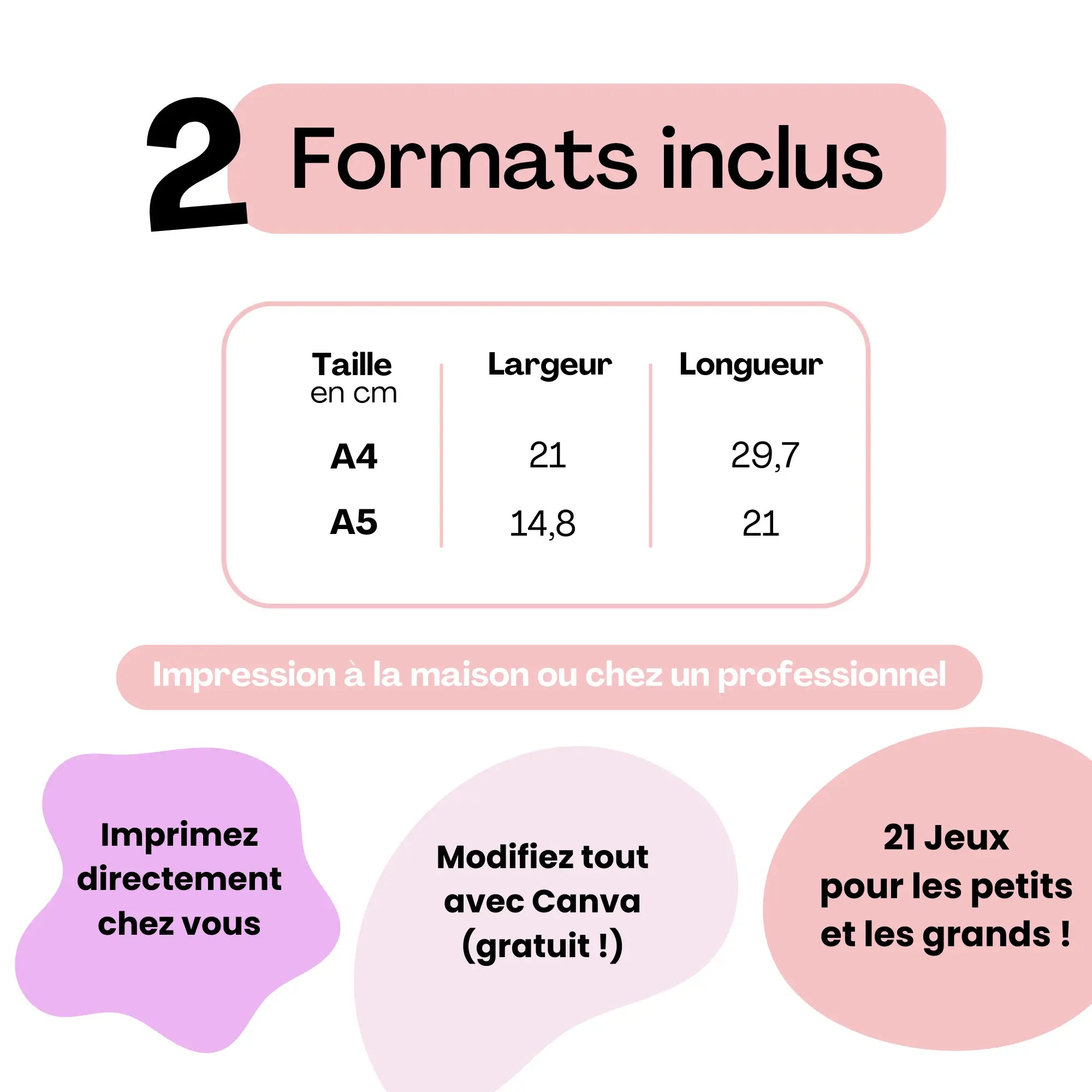 Tableau des dimensions papier A4 et A5 avec options d'édition Canva pour pour pack jeux bapteme