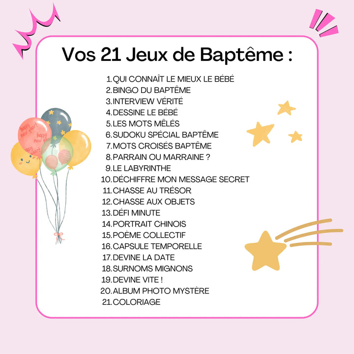 Liste de 21 jeux de baptême à imprimer avec activités ludiques pour enfants et invités