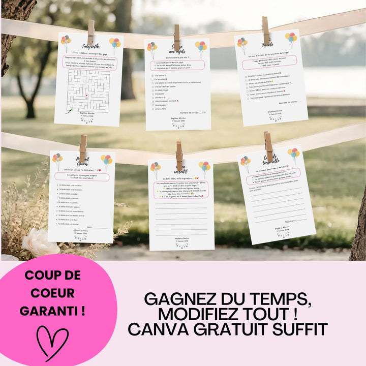 Jeux de baptême personnalisables à imprimer avec labyrinthe, quiz et cartes souvenirs modifiables sur Canva