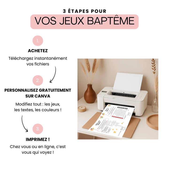 Mode d'emploi avec imprimante sortant une fiche de jeu bapteme, démonstration du processus d'achat à l'impression dans un bureau cosy