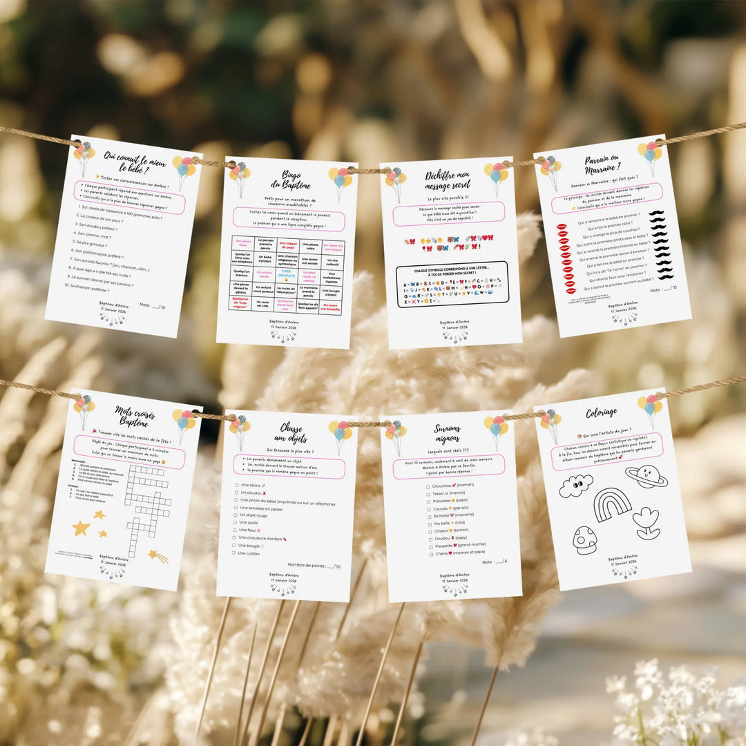 Pack de jeux baptême imprimables avec quiz, mots croisés, bingo et coloriage pour animer la fête des enfants