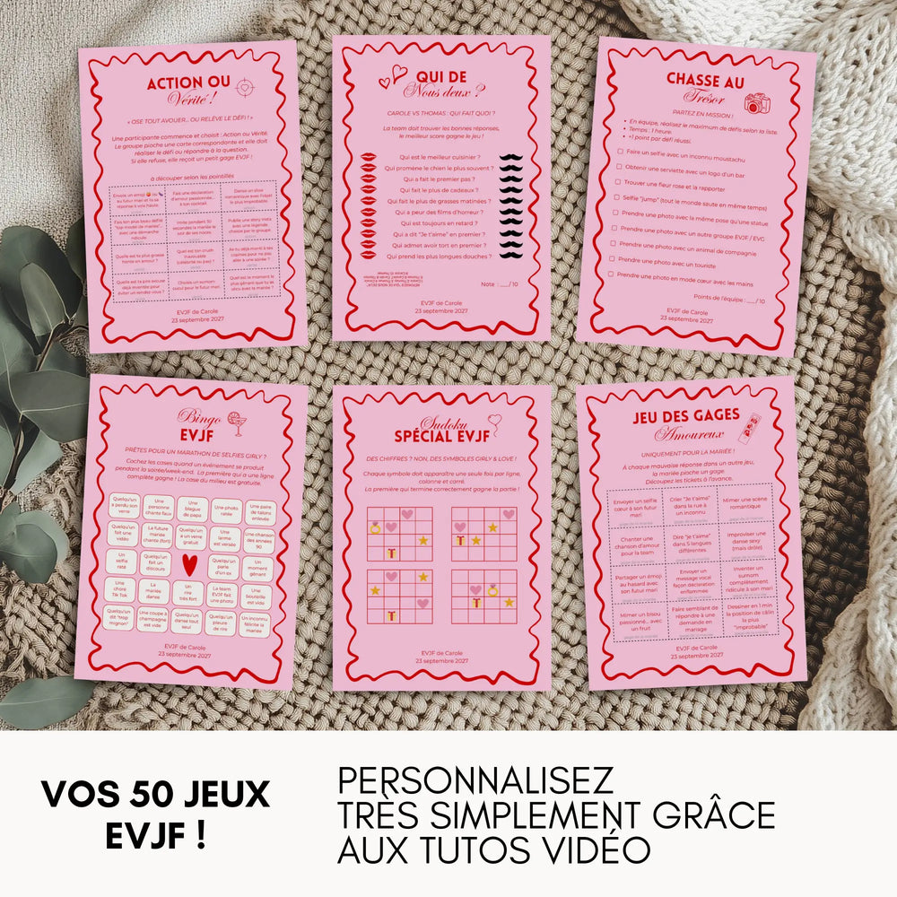 des jeux evjf à imprimer personnalisables avec le bingo, mots croisés, gages, défis et activités evjf.
