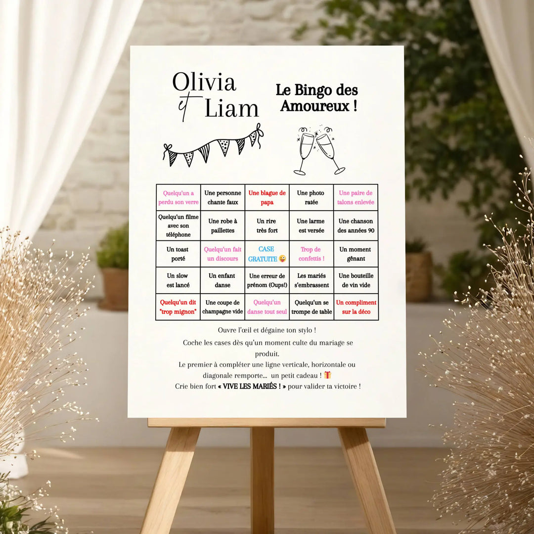 Jeu mariage bingo des amoureux, animation drôle et interactive pour invités à imprimer.