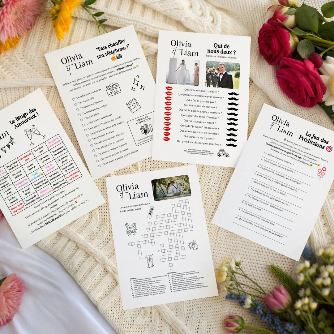 Photo des jeux mariage personnalisés A5 avec qui de nous deux, défi photo, mots croisés, prédictions, bingo.