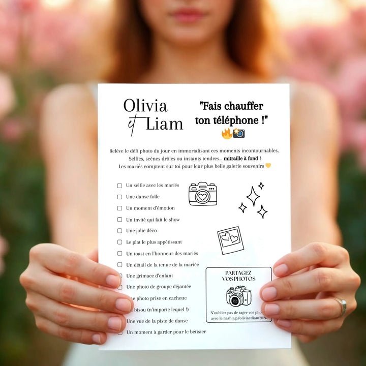 Jeu mariage défi photo amusant à imprimer, liste de clichés à prendre pendant la réception.