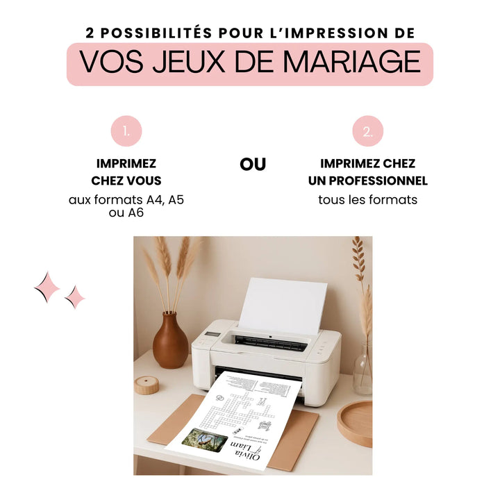 Impression jeux de mariage à personnaliser, formats A4 A5 A6 à imprimer chez soi ou en ligne.