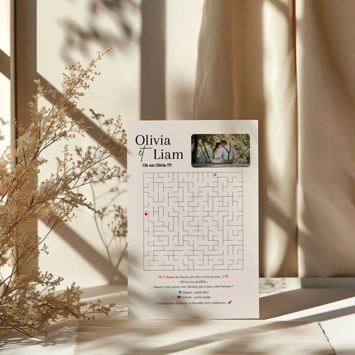Jeu de mariage labyrinthe personnalisé avec prénoms et photo des mariés, animation ludique à imprimer.
