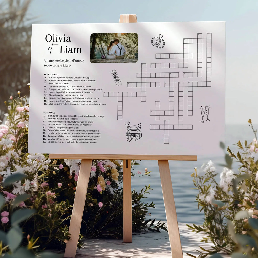 Jeu de mariage mots croisés personnalisé sur panneau, animation originale pour mariage.