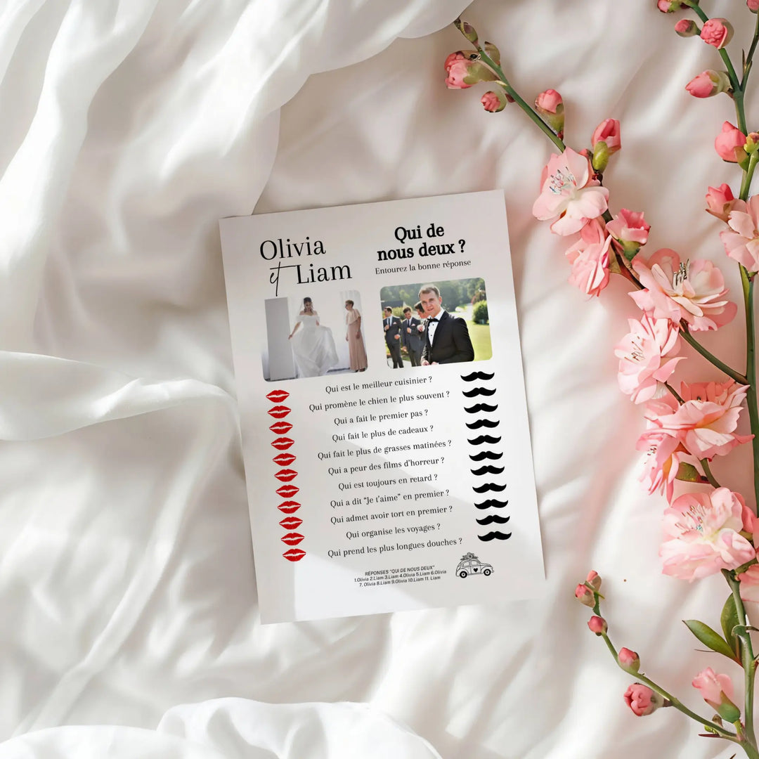 Jeu de mariage “Qui de nous deux ?” à imprimer, quiz drôle pour les mariés et invités.