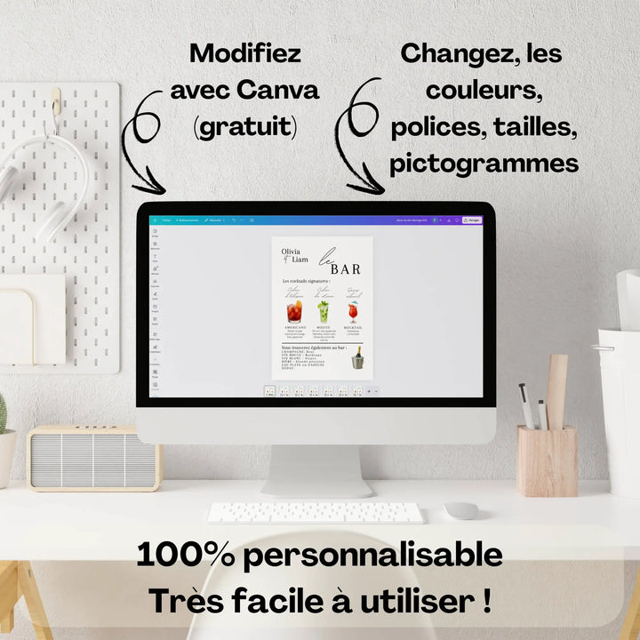 Pack papeterie mariage personnalisable avec Canva gratuit – Modifiez facilement les textes, couleurs, polices et pictogrammes.