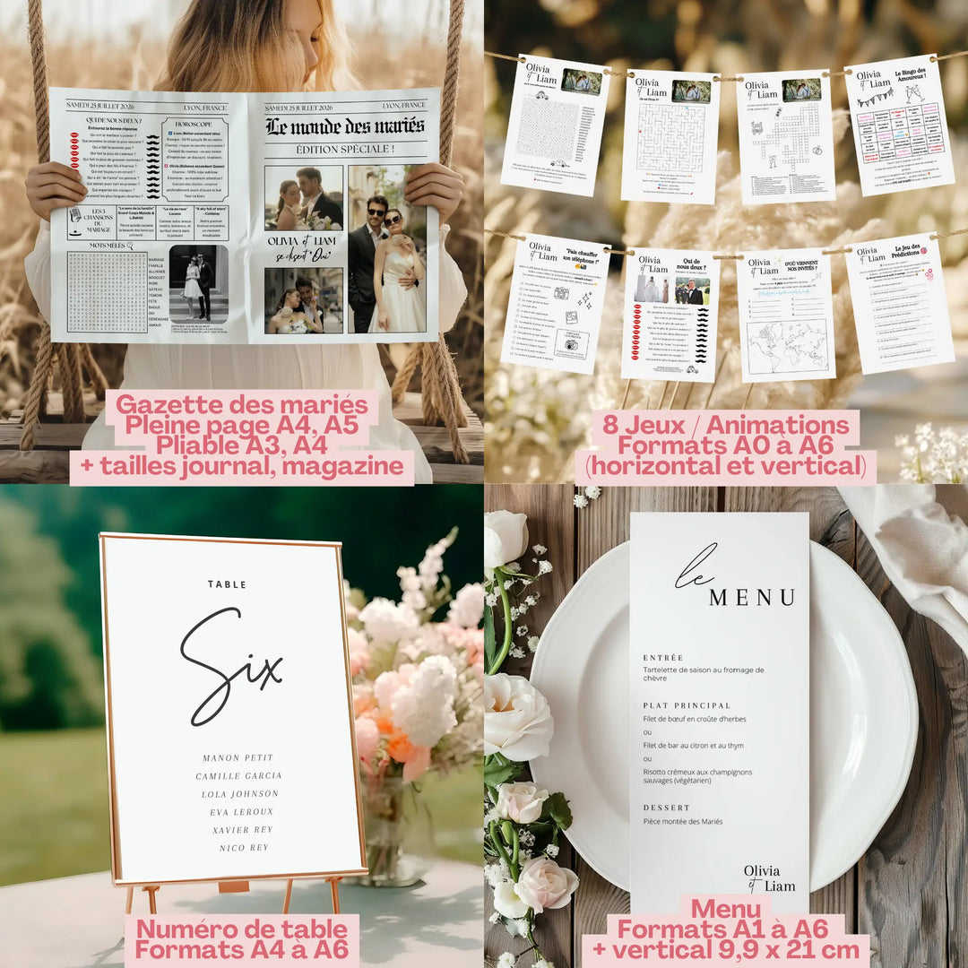 Pack papeterie mariage chic : gazette des mariés, jeux d’animation, menus et numéros de table personnalisables.