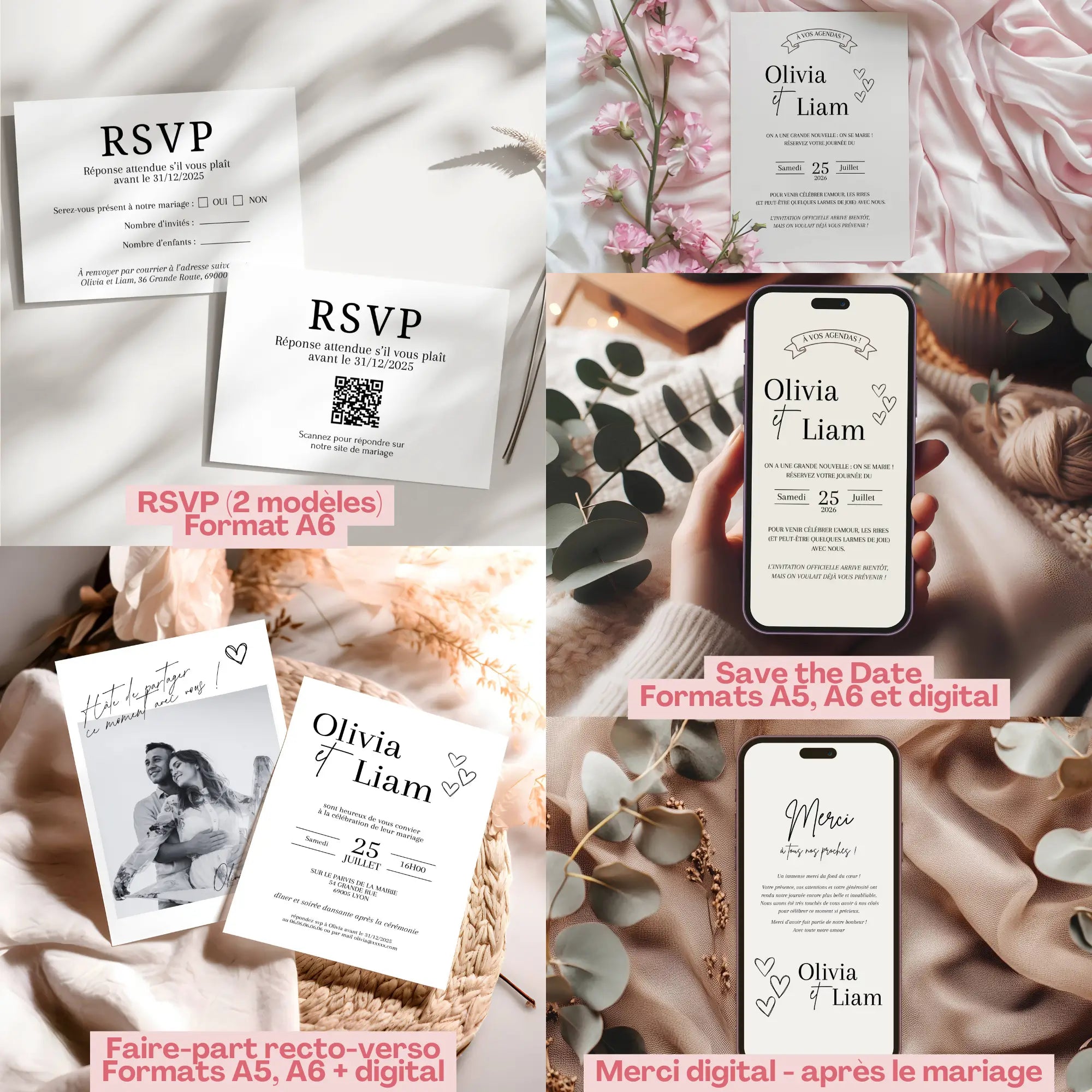 Pack papeterie mariage digital et imprimable : faire-part, save the date, carte RSVP et carte de remerciement personnalisables.