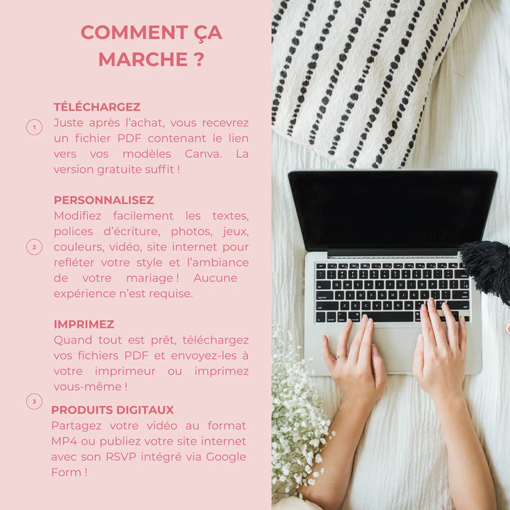Guide d’utilisation pack mariage digital – étapes téléchargement, personnalisation sur Canva, impression et partage digital.