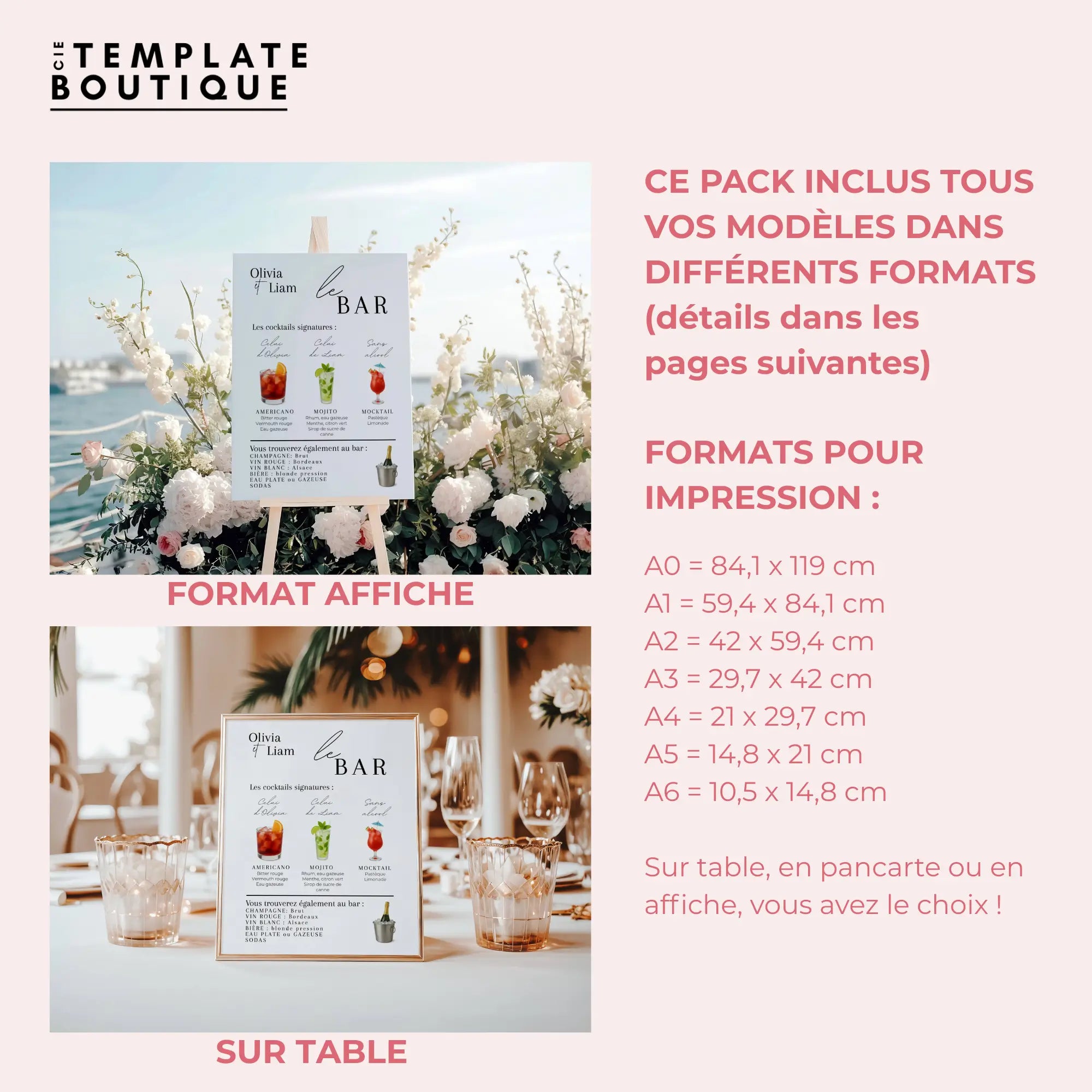Pack mariage personnalisable – affiches et modèles de table disponibles en formats A0 à A6.