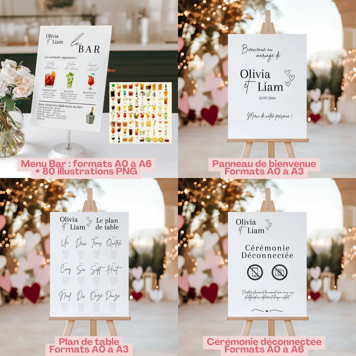 Panneaux de mariage personnalisables – menu bar avec illustrations, panneau de bienvenue, plan de table et panneau cérémonie déconnectée, formats A0 à A6.