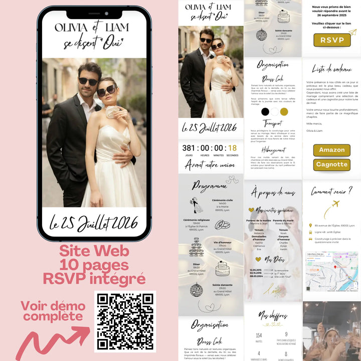 Site web de mariage personnalisable avec 10 pages et RSVP intégré – programme, infos pratiques, hébergement, liste de cadeaux et plan d’accès.