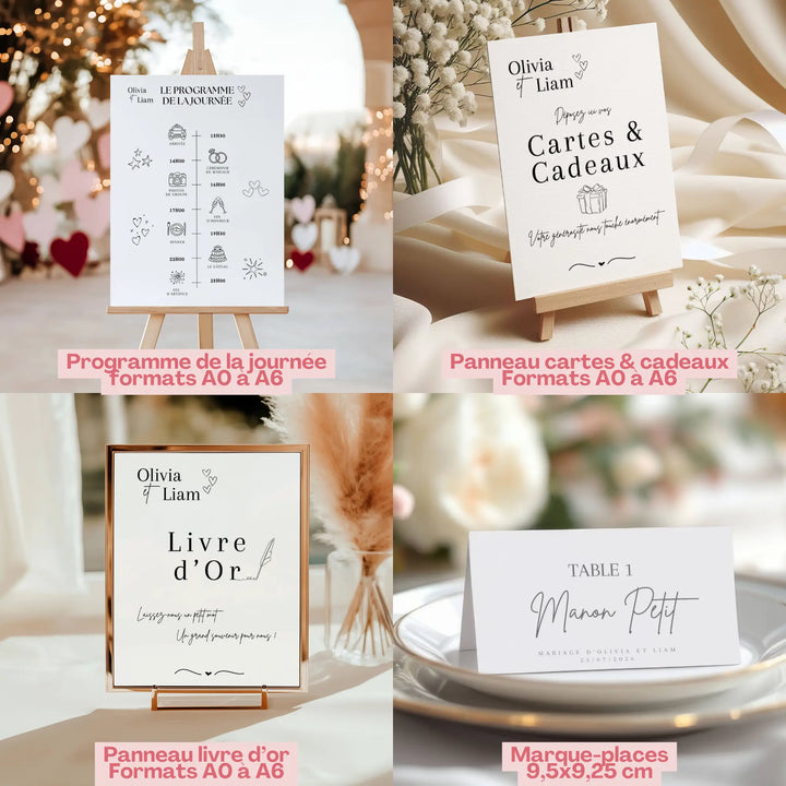 Papeterie mariage élégante : programme de la journée, panneau cartes et cadeaux, panneau livre d’or et marque-places personnalisés.