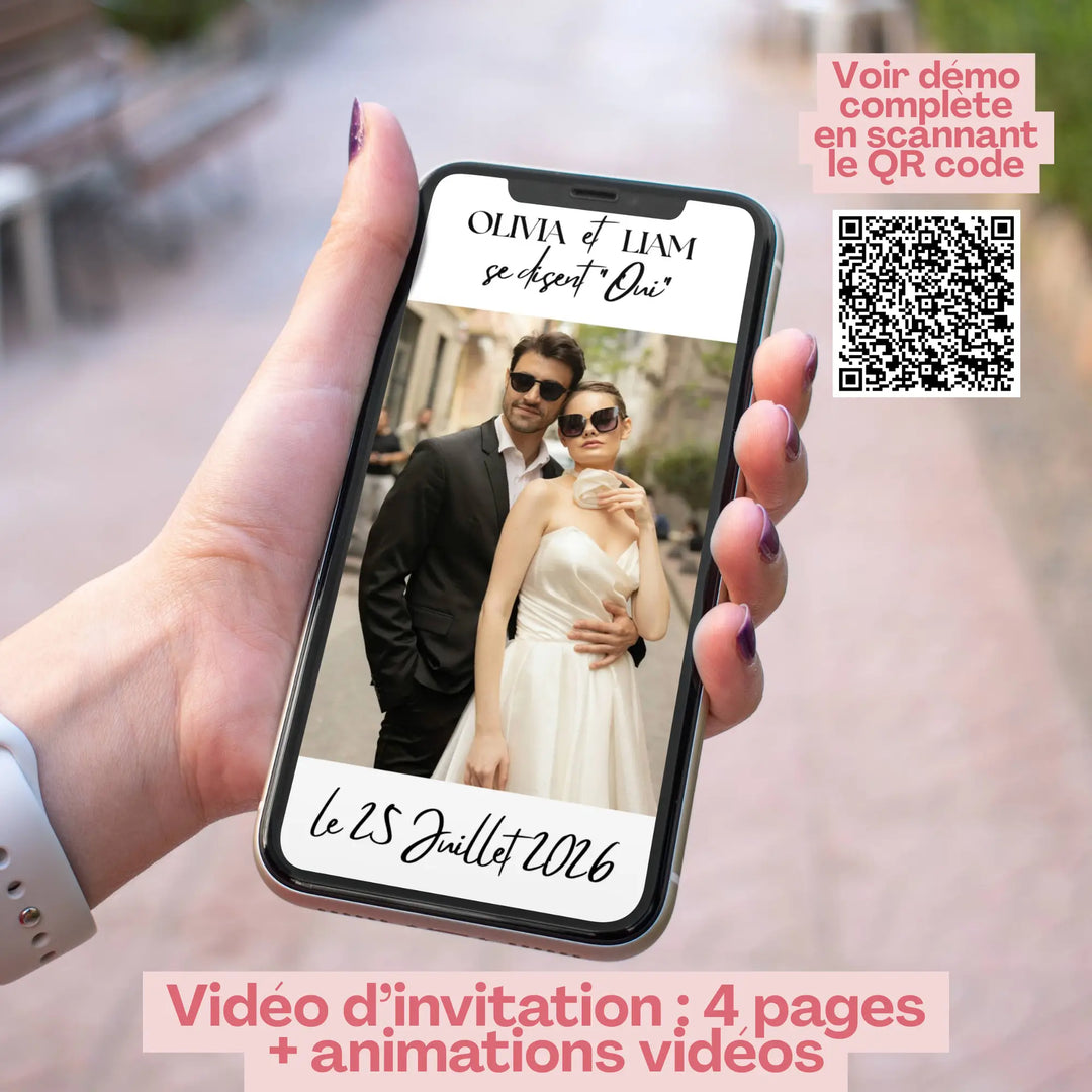 Vidéo d’invitation de mariage personnalisable – modèle digital animé à envoyer par téléphone avec QR code de démonstration.