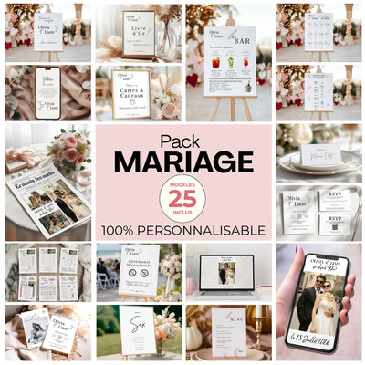 Pack papeterie mariage complet 25 modèles personnalisables sur Canva : invitations, menus, numéros de table, programmes, livre d’or, panneaux, jeux et remerciements.