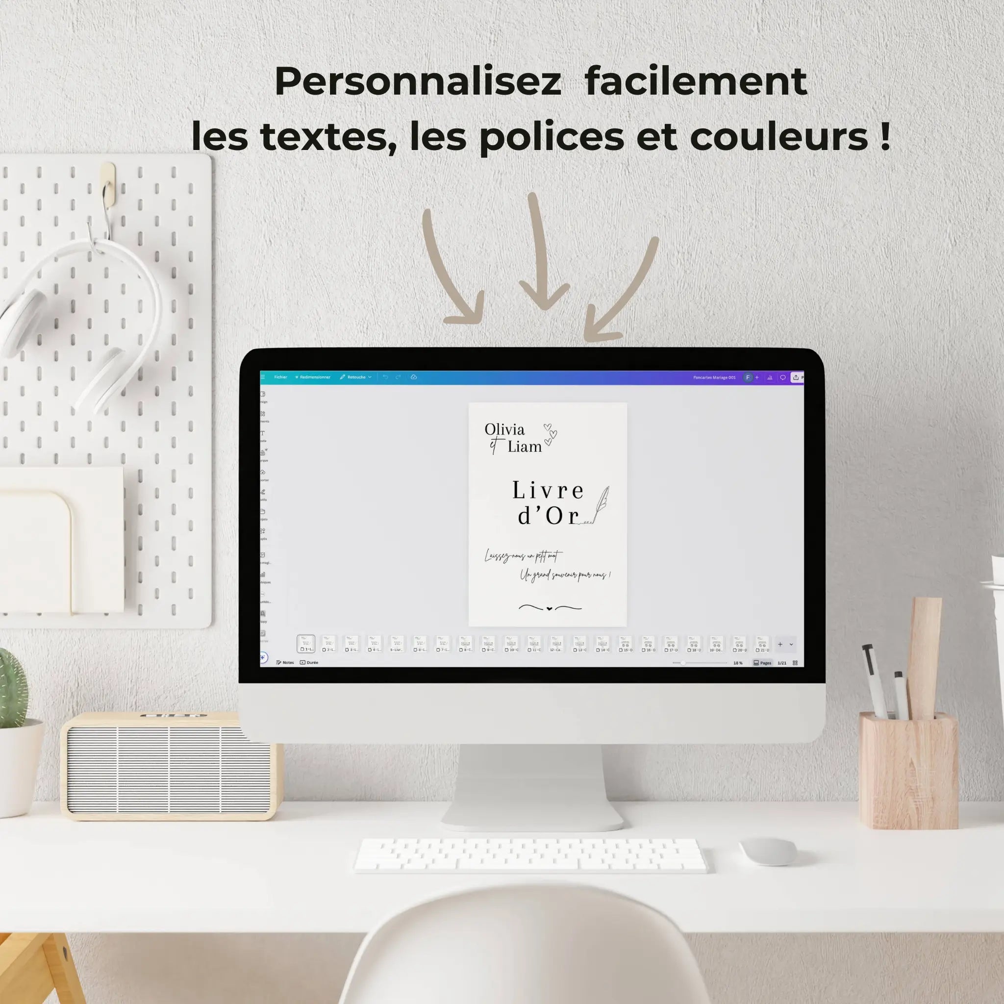 Interface Canva affichée sur un ordinateur de bureau, montrant un panneau de mariage personnalisable “Livre d’or” au nom d’Olivia & Liam. Texte au-dessus indiquant la possibilité de modifier facilement les textes, polices et couleurs.