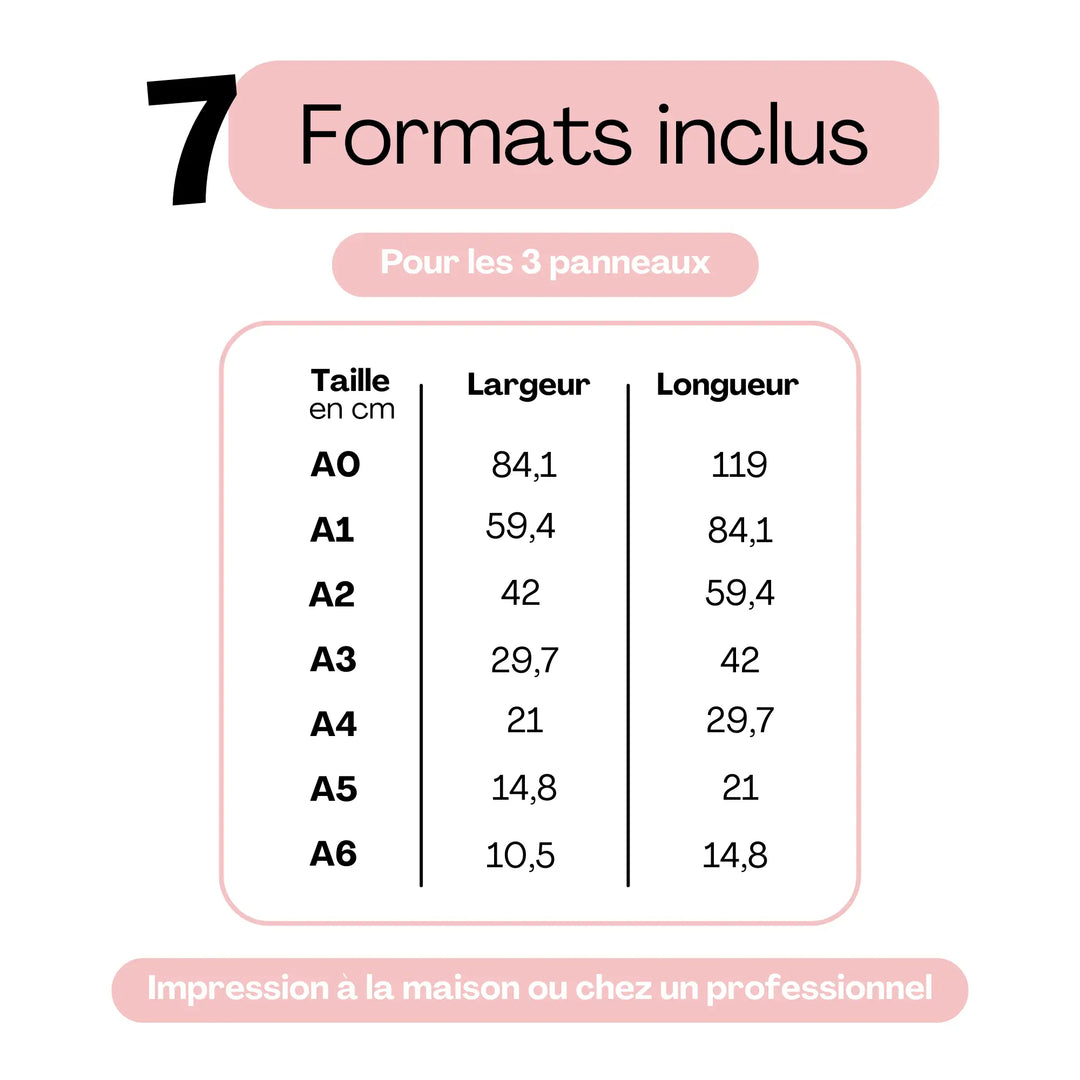 Tableau des formats inclus pour panneaux de mariage personnalisables. Affiche les tailles standards A0, A1, A2, A3, A4, A5 et A6 avec dimensions en centimètres. Compatible impression à la maison ou chez un professionnel. Idéal pour signalétique de mariage, panneau d’accueil, livre d’or, cartes et cadeaux.