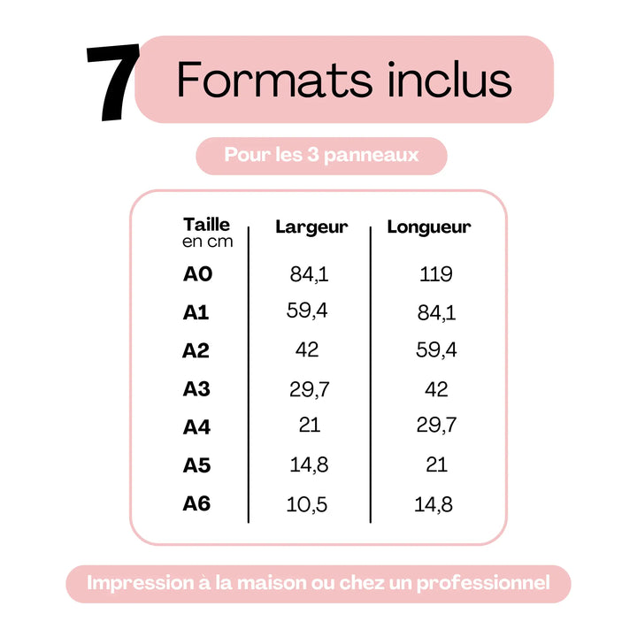 Tableau des formats inclus pour panneaux de mariage personnalisables. Affiche les tailles standards A0, A1, A2, A3, A4, A5 et A6 avec dimensions en centimètres. Compatible impression à la maison ou chez un professionnel. Idéal pour signalétique de mariage, panneau d’accueil, livre d’or, cartes et cadeaux.