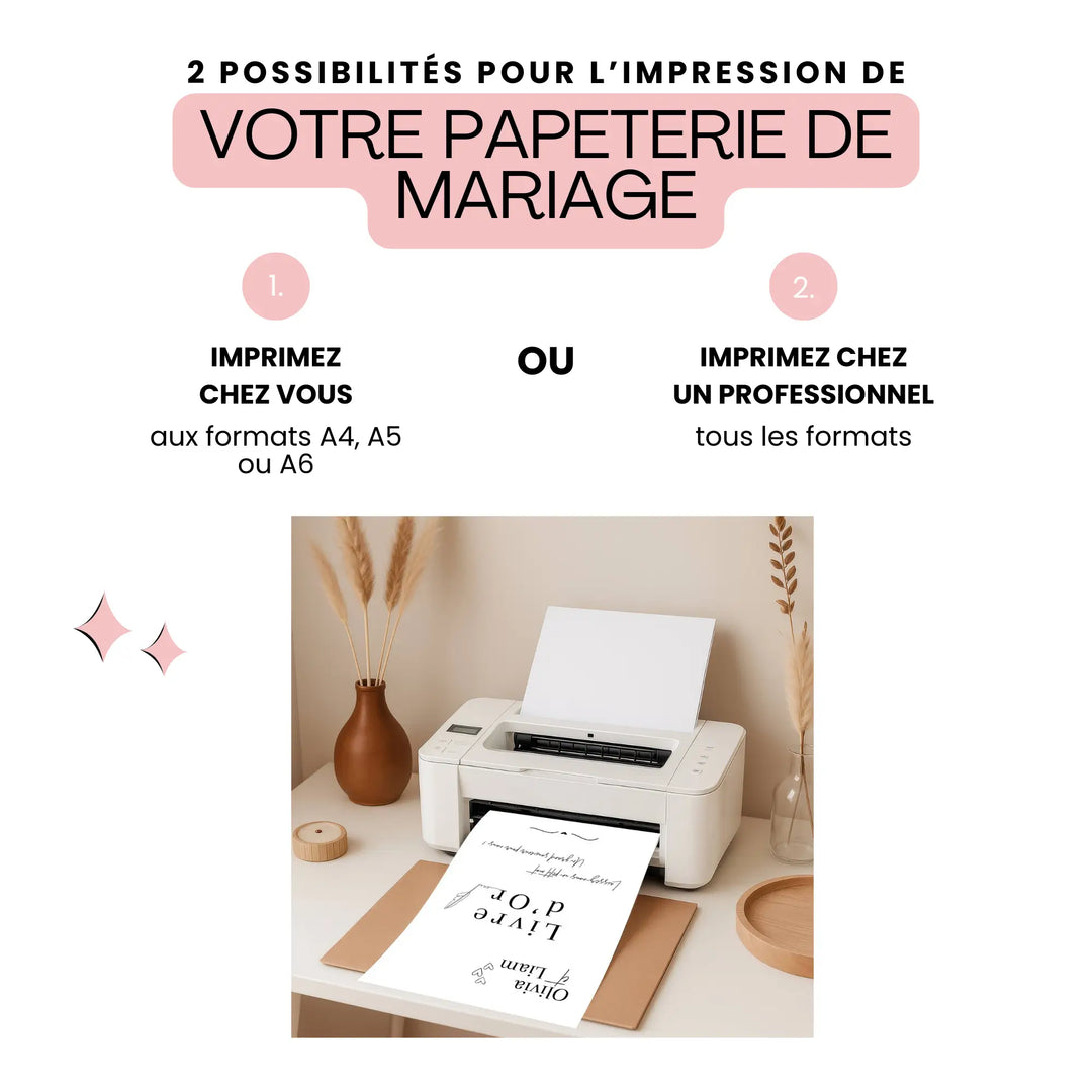 Guide impression papeterie de mariage personnalisable : deux options, impression à la maison aux formats A4, A5 ou A6, ou impression professionnelle tous formats. L’image montre une imprimante sortant un panneau de mariage “Livre d’Or” avec design élégant en noir et blanc, prénoms Olivia et Liam. Idéal pour panneaux, affiches et signalétiques de mariage.