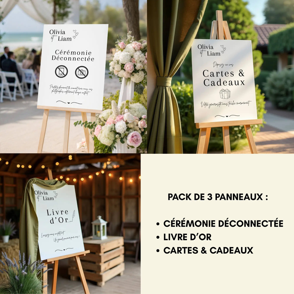 Pack de 3 panneaux de mariage personnalisés aux prénoms Olivia & Liam, présentés sur chevalets en bois : un panneau “Cérémonie déconnectée” décoré de fleurs, un panneau “Cartes & Cadeaux” et un panneau “Livre d’or”. Mise en ambiance dans différents décors de réception de mariage.