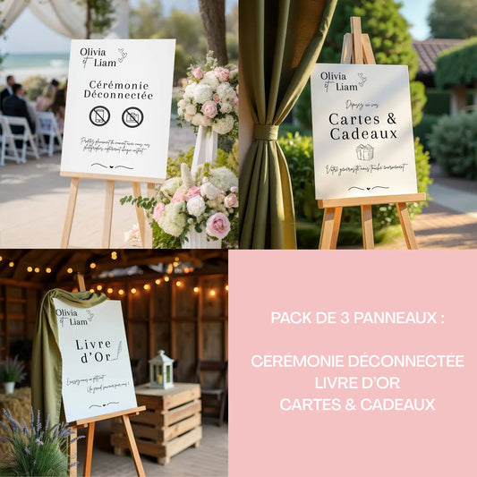 Pack de 3 panneaux de mariage personnalisés aux prénoms Olivia & Liam, présentés sur chevalets en bois : un panneau “Cérémonie déconnectée” décoré de fleurs, un panneau “Cartes & Cadeaux” et un panneau “Livre d’or”. Mise en ambiance dans différents décors de réception de mariage.