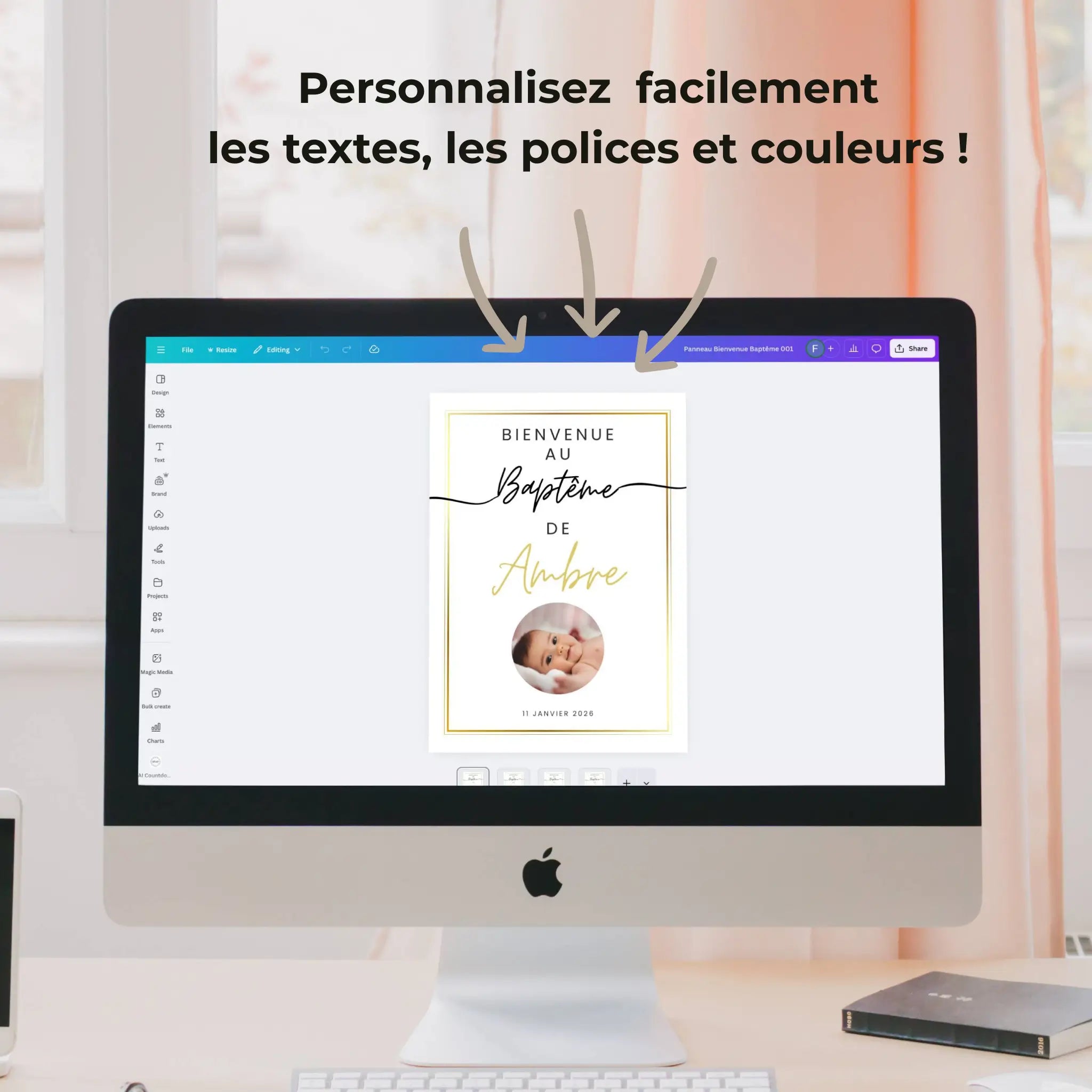 Exemple de panneau de bienvenue baptême personnalisable sur Canva avec photo et texte modifiable