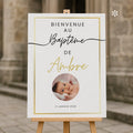 Panneau de bienvenue baptême personnalisé avec photo bébé et texte élégant doré