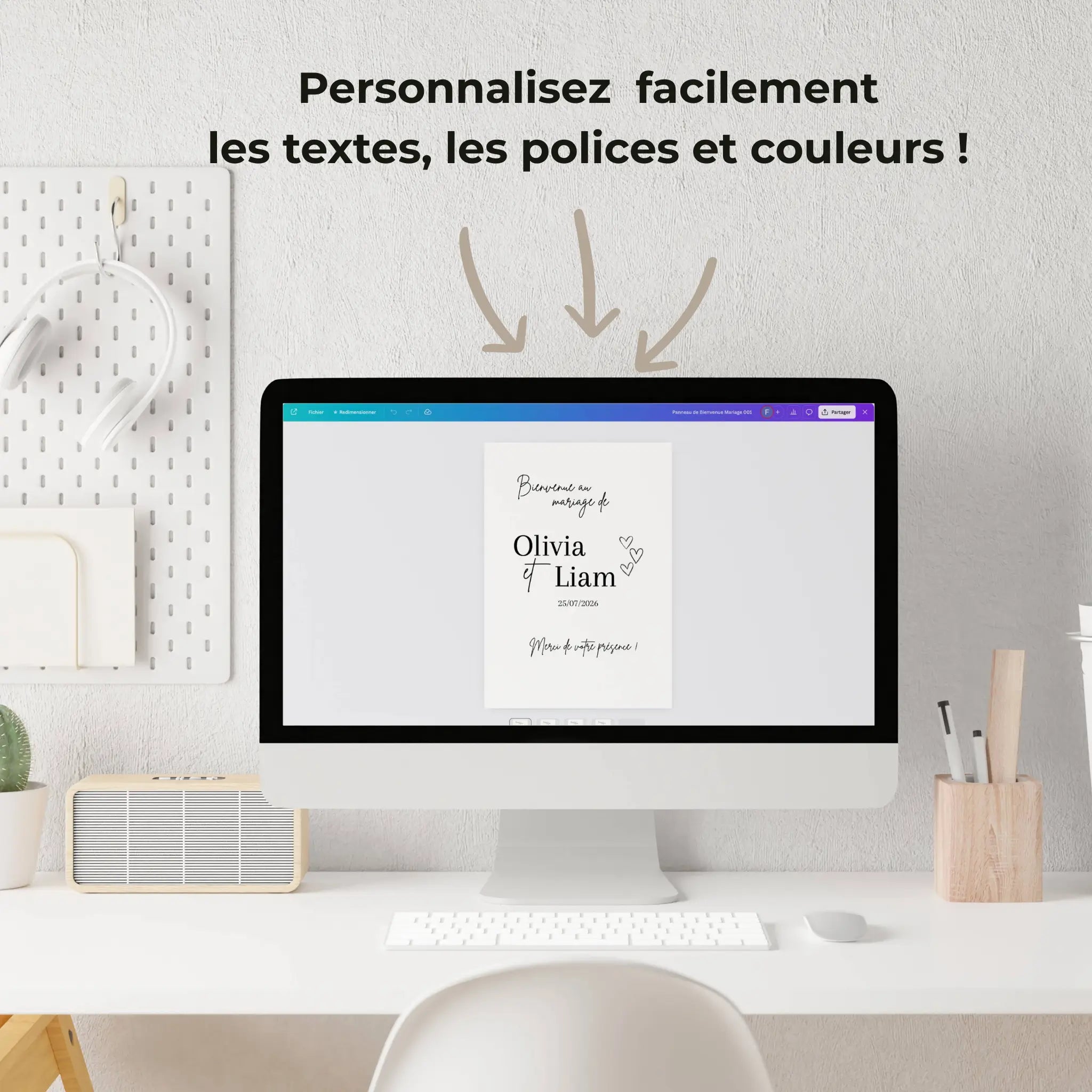 Panneau de bienvenue mariage personnalisable sur Canva. Modèle Olivia et Liam à modifier facilement avec vos textes, polices et couleurs. Affiche mariage élégante à imprimer.
